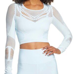 NWT Alo Yoga Siren Long Sleeve Mesh Performance Crop Top Powder Blue Heather